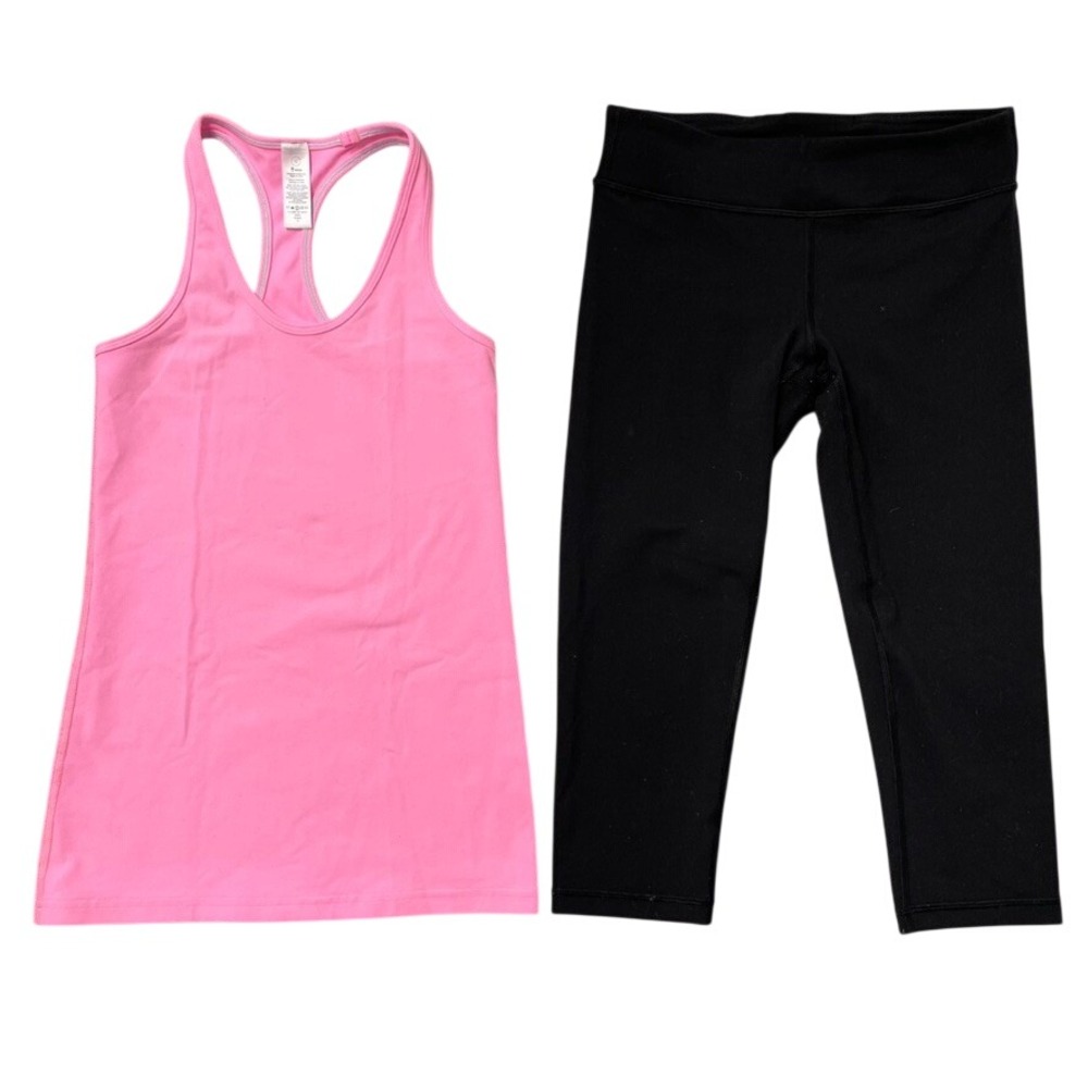 Ivivva Activewear Set Girls Size 12 Pink Tank Top Black‎ Cropped Leggings 2pc
